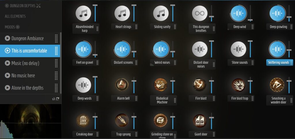 An image of the Syrinscape Web Player showing how different elements of sound design are combined to create an eerie dungeon ambiance.