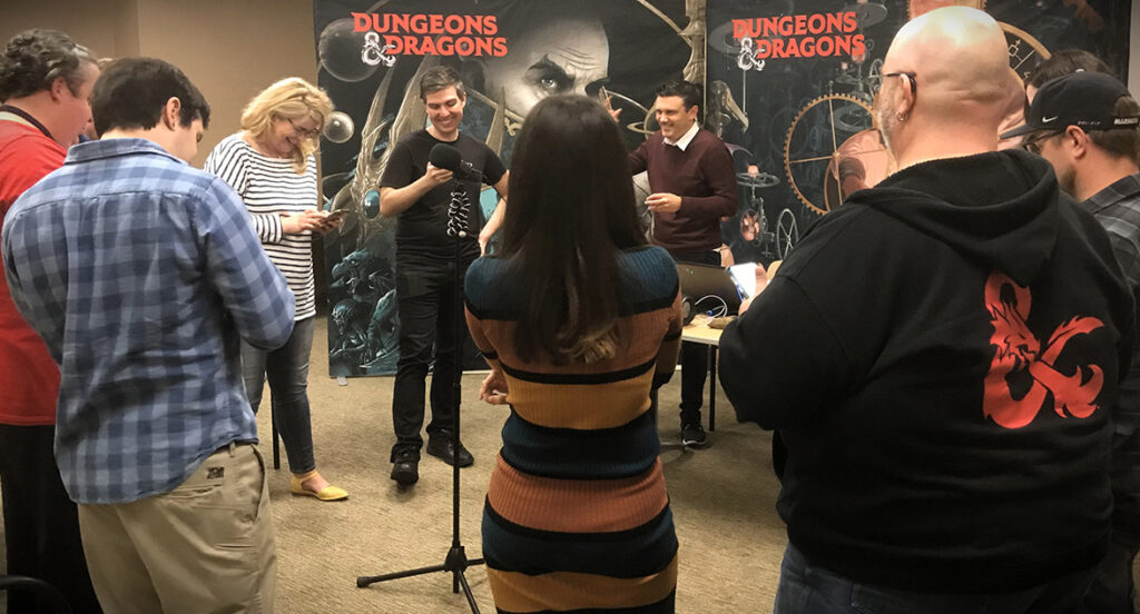 An image of Ben recording some of the Wizards of the Coasts team at their office in Seattle