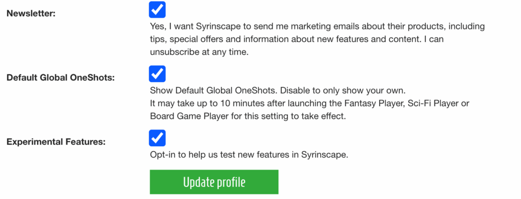 An image showing the Syrinscape user dashboard with a user opting in to Newsletters.
