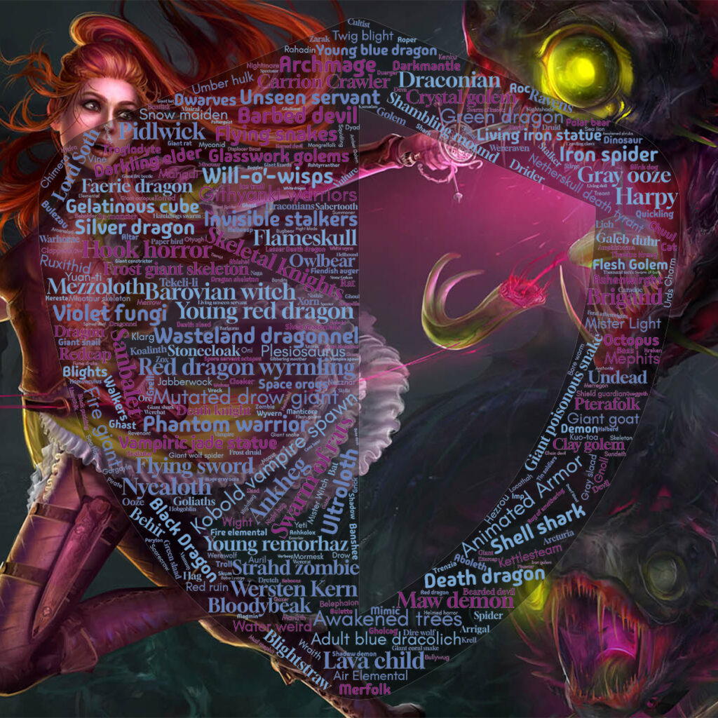 A word cloud showing hundreds of different monsters that Syrinscape has made battle sounds for.