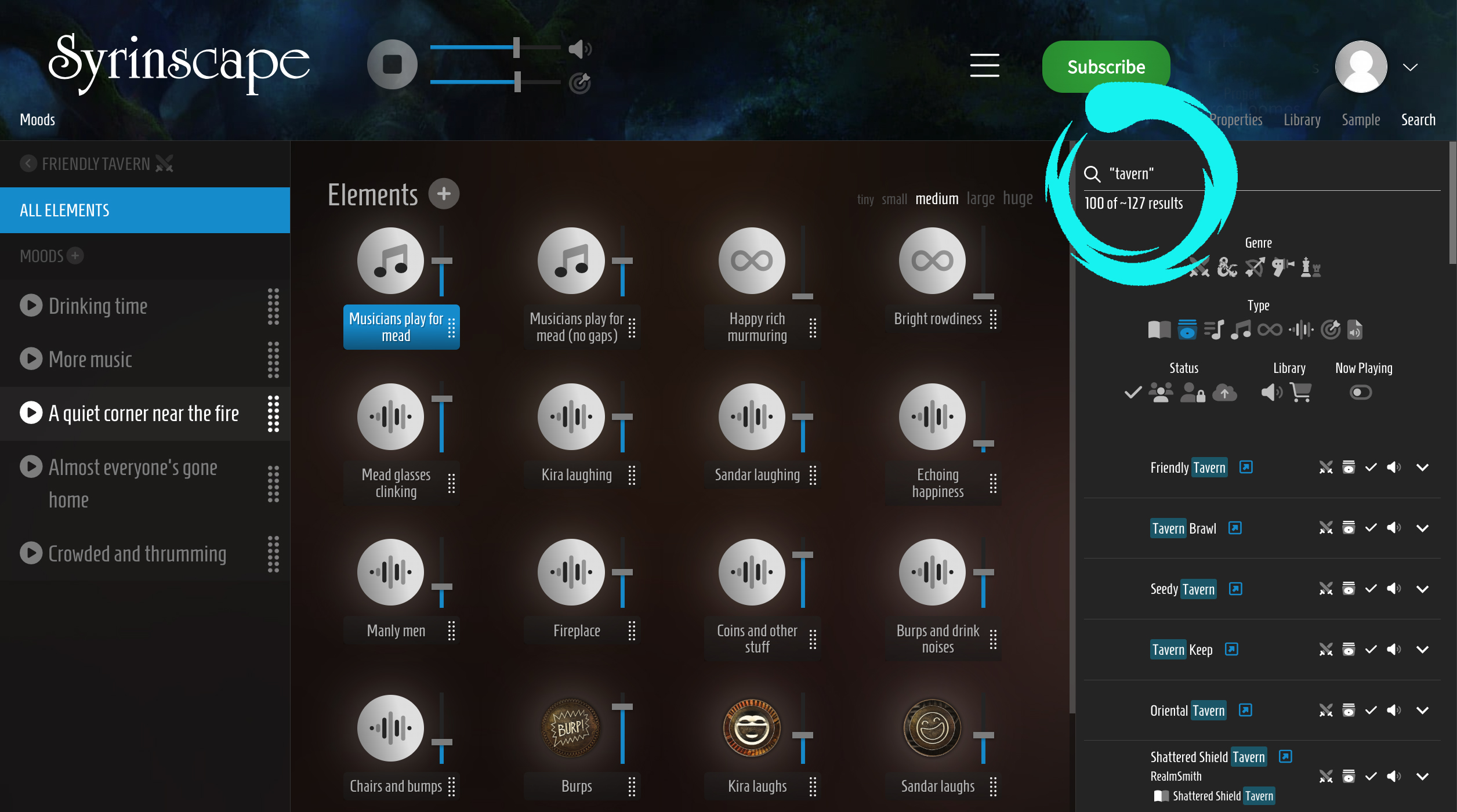 An image of the Syrinscape Web Player interface showing a search for Taverns