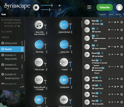 A gif of someone adding some rain into the mix using the Syrinscape Web Player a solution you can use to share sound and music with anyone playing anywhere in the world