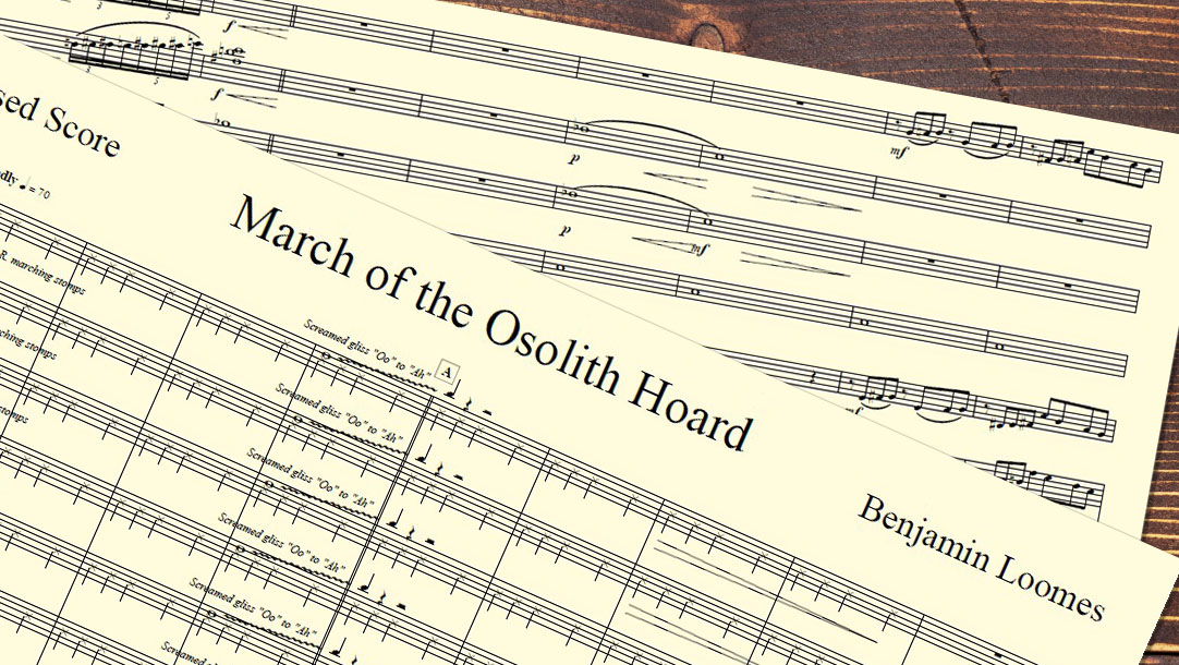 A photo of one of Benjamin Loomes' scores, an orchestral piece used in the Bugbear Battle SoundSet.