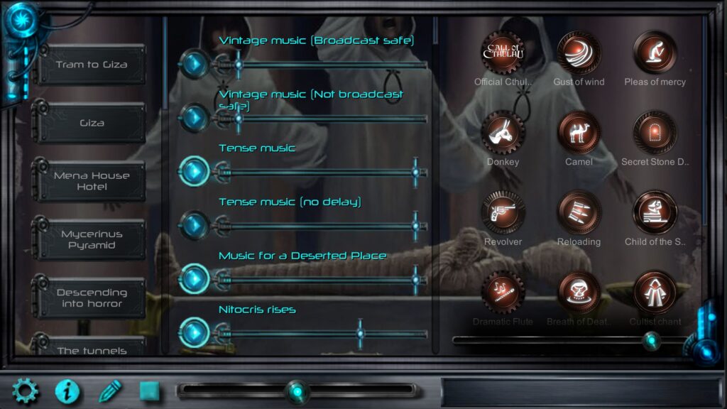 A screenshot of Syrinscape's official content for Chaosium's Call of Cthulhu adventures.