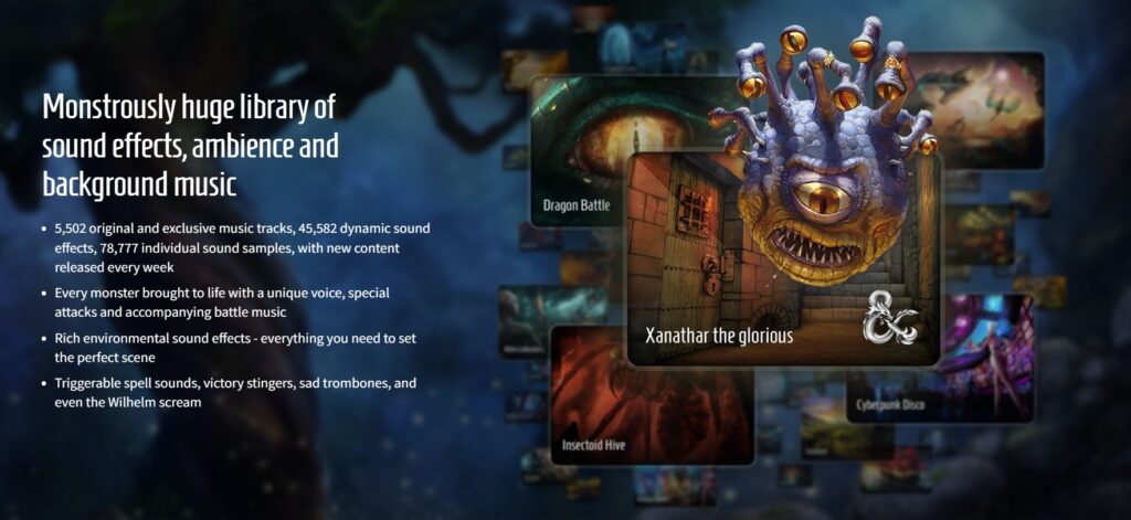 A screencap of the Syrinscape Homepage showing some of the details of Syrinscape's HUGE sound library