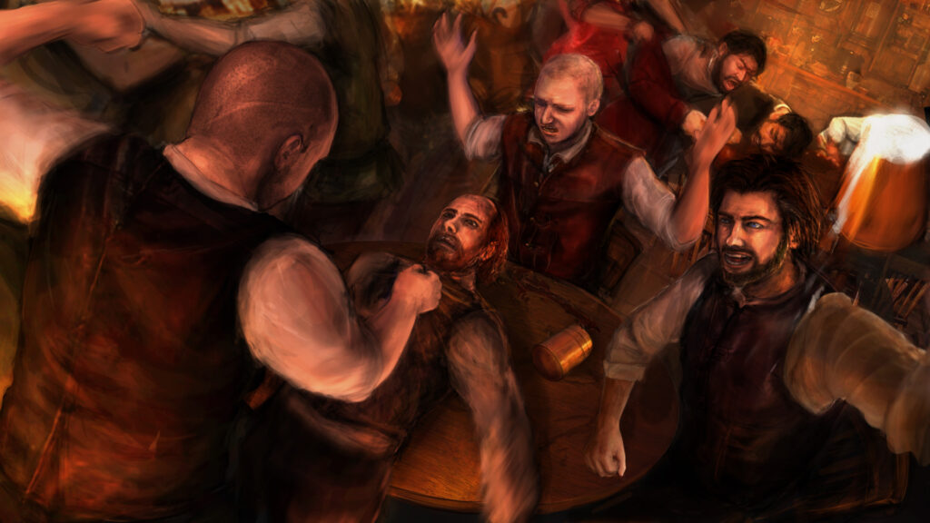 A big man threatening to punch someone in a tavern. Ah... tavern brawls, the best kind of brawls.