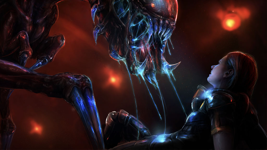 A character cowering before a scary alien... so much saliva!