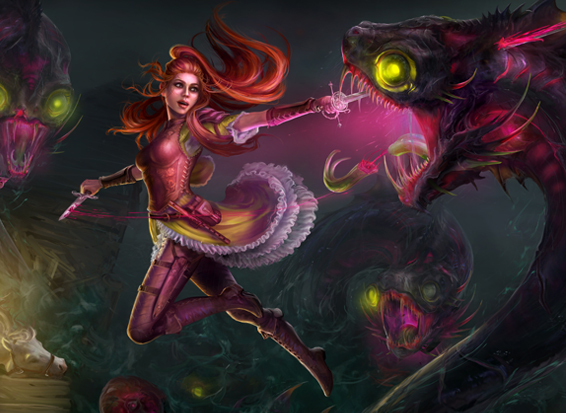 A beautiful bard wielding a dagger and a rapier against a horrible hydra