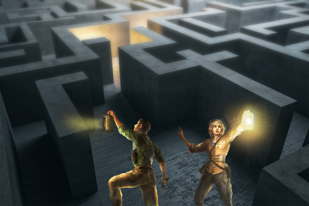 Two TTRPG characters lost in a labyrinth style maze.